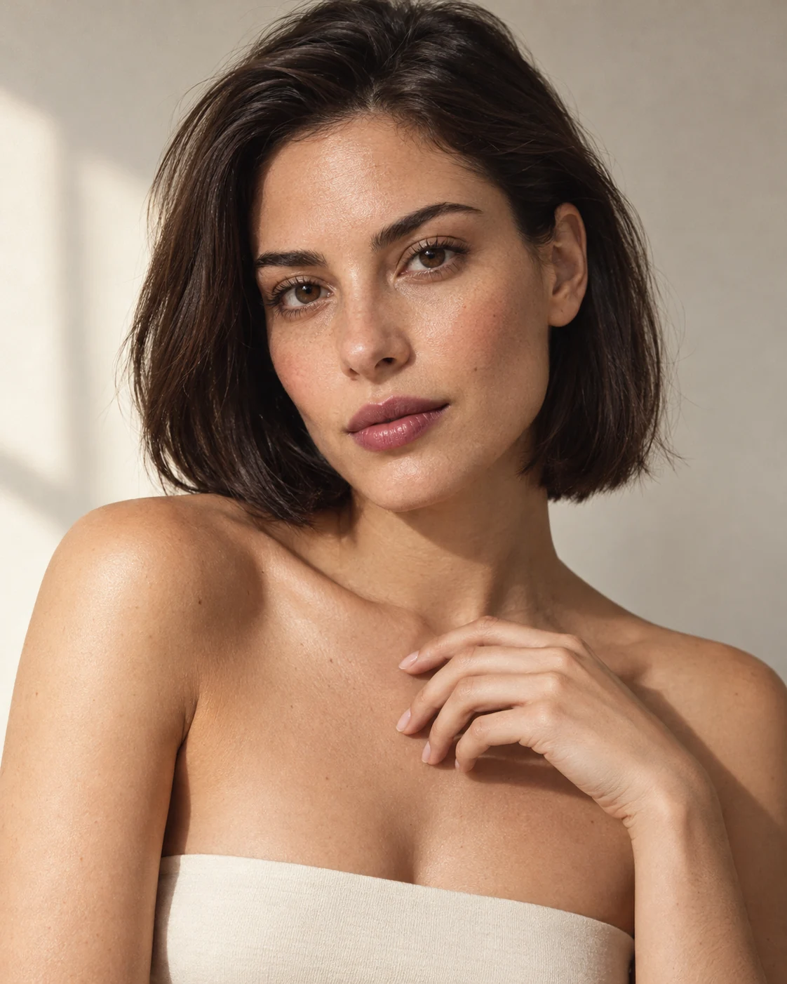 KI-generiertes Beauty-Porträt mit dunklem Bob und natürlichem Make-up
